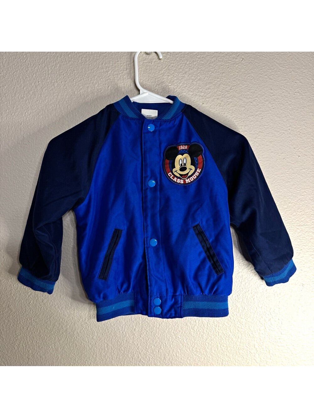 Disney Store Mickey Mouse Blue Varsity Jacket 3T Snap Closure Satin Pockets